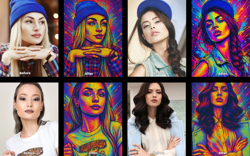 Collage of AI-edited photos created using the Street Art prompt