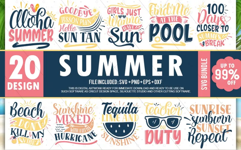 Collage of Summer SVG Designs included in the bundle
