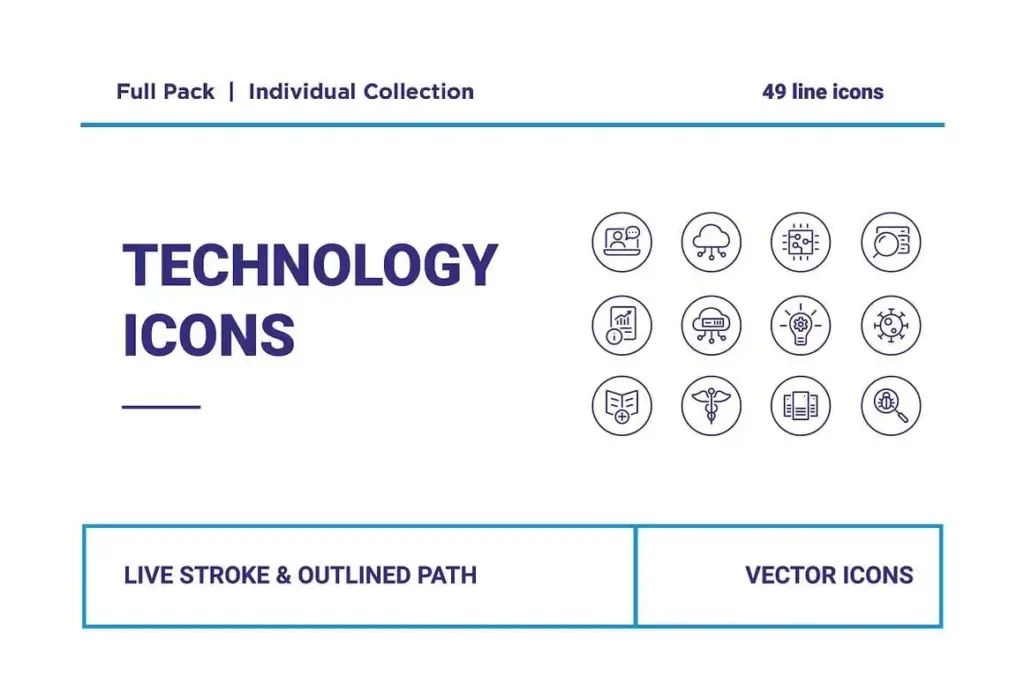 Promotional graphic with 12 line icons and bold “Technology Icons” title, emphasizing scalable vector formats.