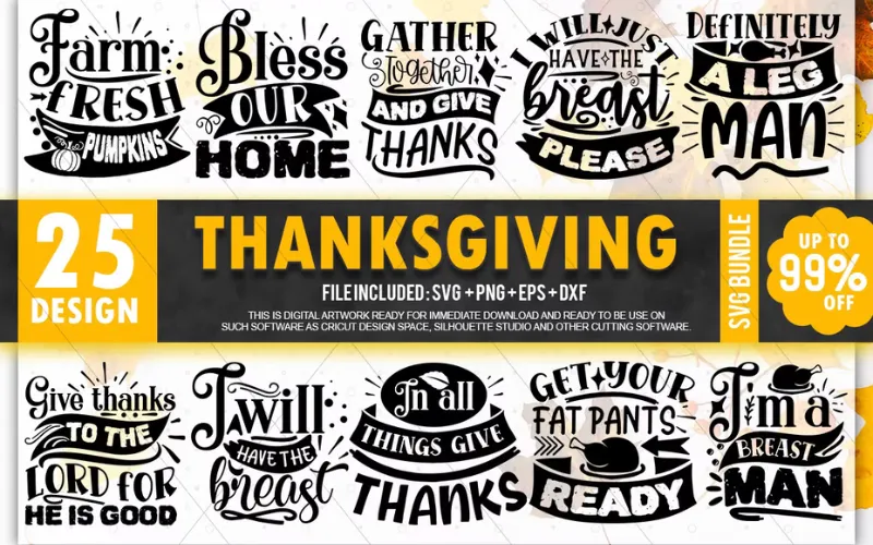 Collage of Thanksgiving SVG Designs included in the bundle