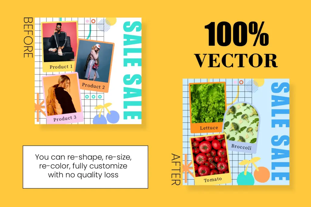 Side-by-side comparison of Instagram post templates before and after customization using vector graphics
