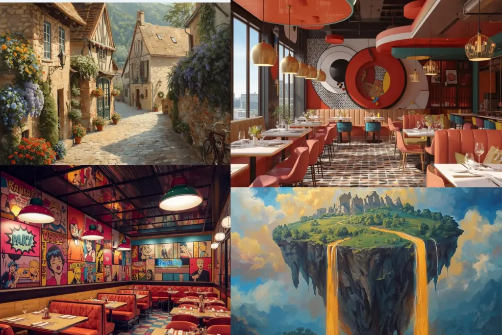 Collage of four scenes: European village, modern restaurant, retro diner, and floating island. Prompts for ai art