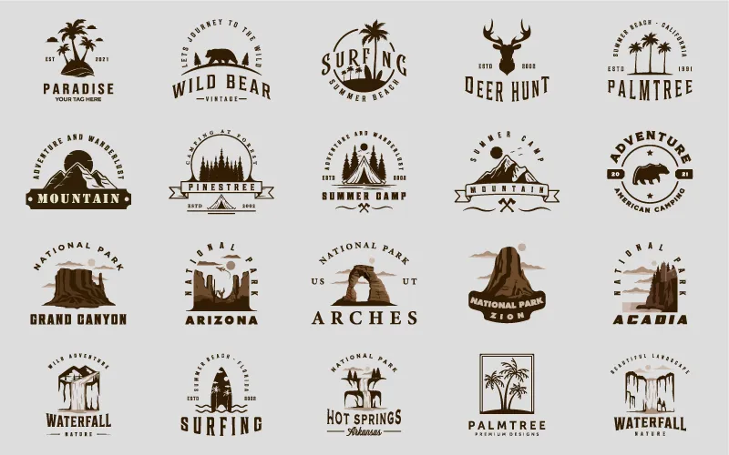 Collage Of Vintage Outdoor Logos Included In The Bundle
