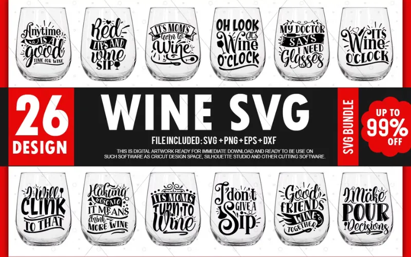 Collage of Wine SVG Designs included in the bundle