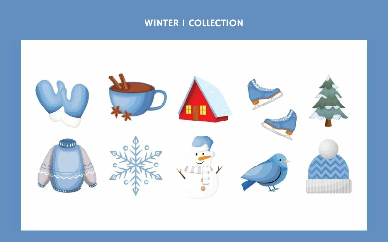 Cozy winter icons like mittens, snowflakes, and hot drinks in cool tones