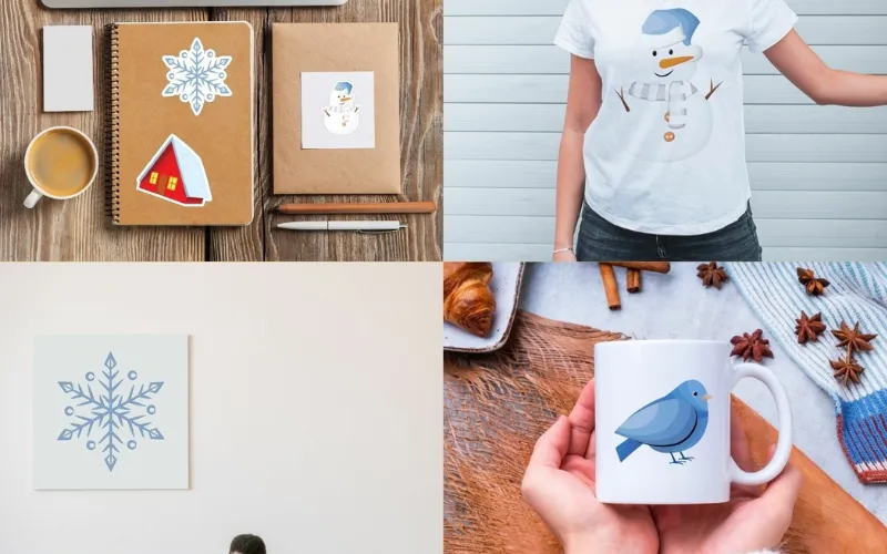 Winter illustrations on mugs, shirts, prints, and stationery with snowmen and birds