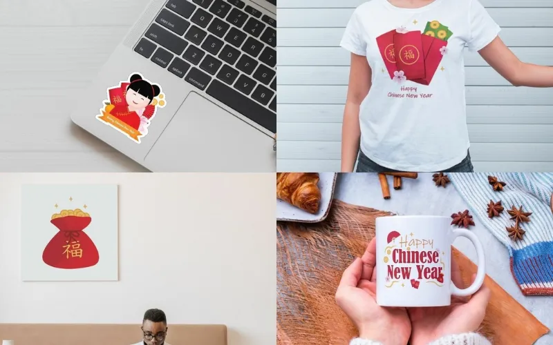 Festive Chinese New Year designs on mugs, shirts, prints, and stickers.
