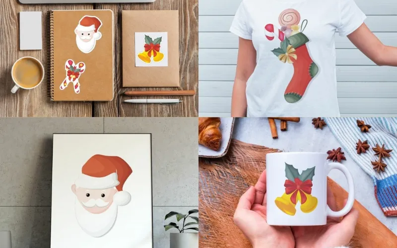 Holiday-themed designs on mugs, shirts, prints, and stickers