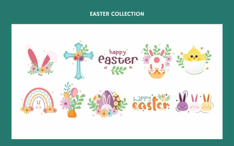 Springtime Easter icons like bunnies, eggs, chicks, and flowers