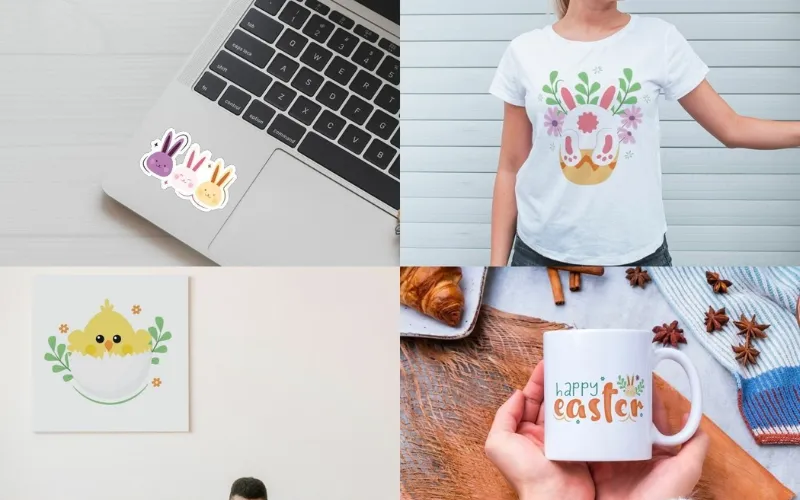 Easter designs on mugs, shirts, prints, and laptop stickers