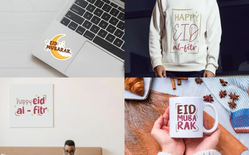 Eid-themed graphics on mugs, shirts, prints, and laptop stickers
