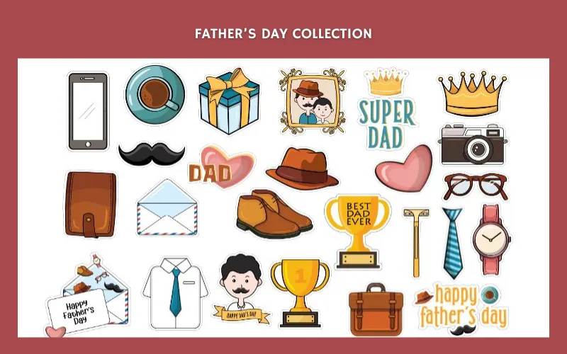 Icons like ties, trophies, hats, and heartfelt messages for dads