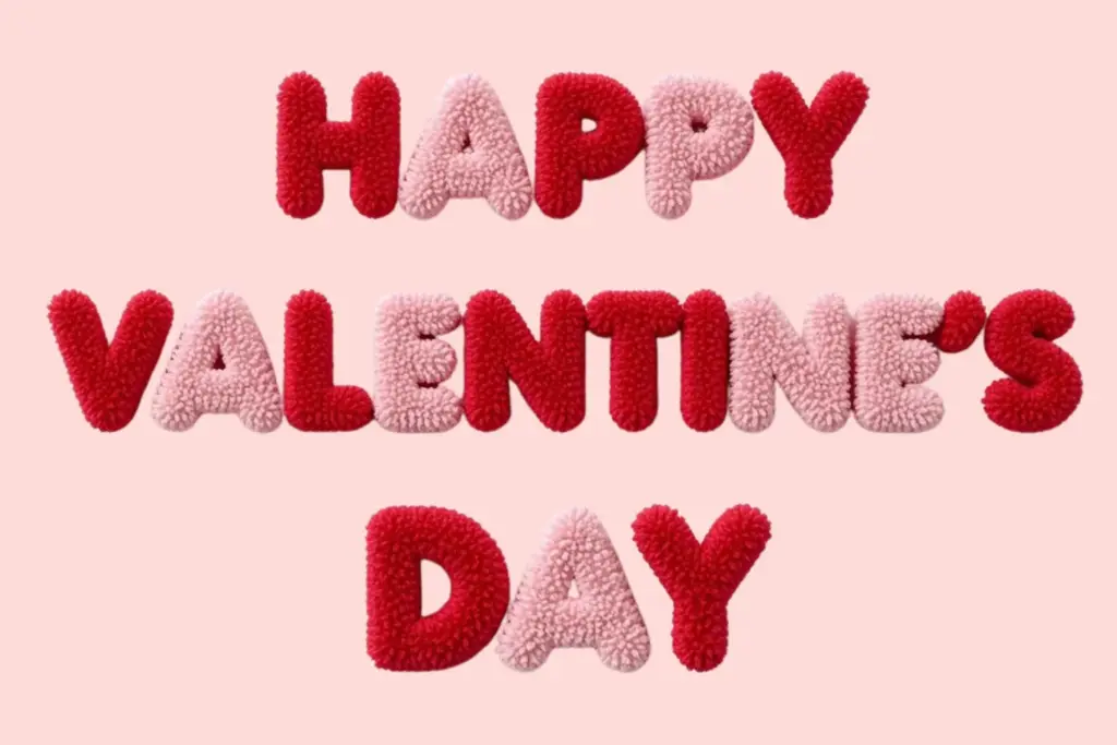 HAPPY VALENTINES DAY spelled in alternating red and pink tufted yarn letters on a soft pink background, created with the phrases in the bundle