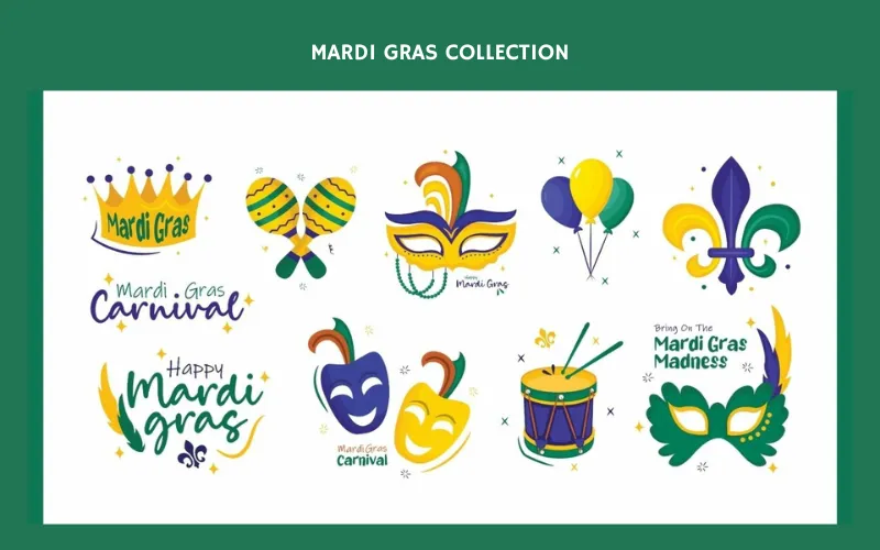 Festive Mardi Gras elements like masks, crowns, drums, and beads.