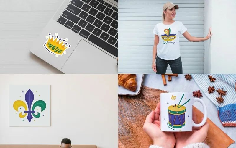 Mardi Gras designs on mugs, shirts, prints, and stickers with masks, crowns, and drums