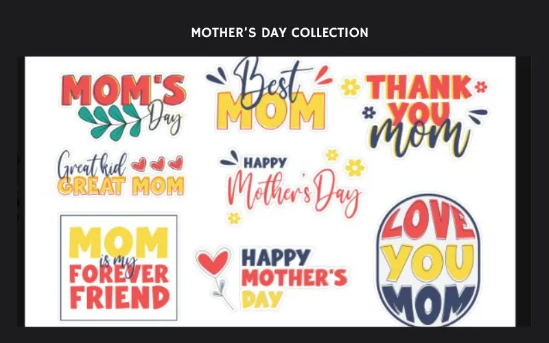 Colorful Mother's Day phrases with hearts, flowers, and decorative fonts