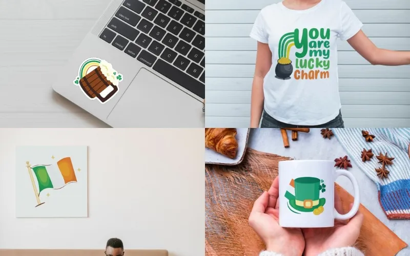 Irish-themed graphics on mugs, shirts, prints, and laptop stickers.