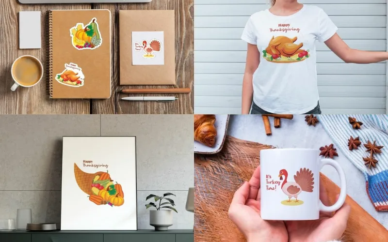 Thanksgiving designs on mugs, shirts, prints, and stationery with cozy autumn vibes