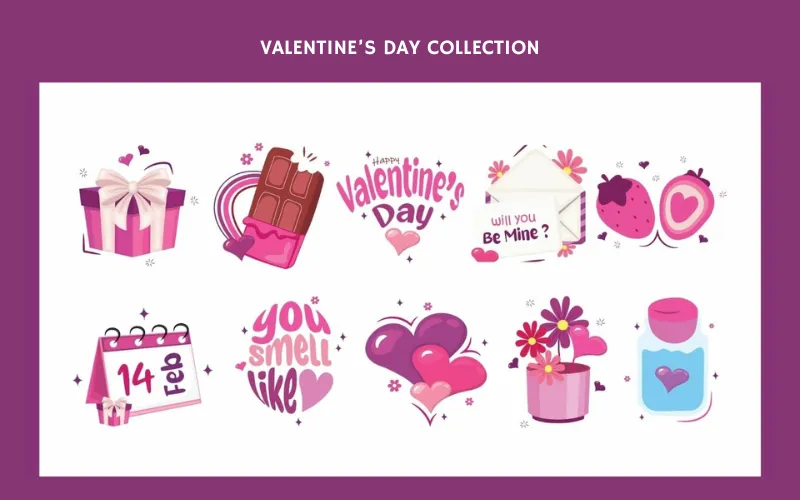 Romantic Valentine’s icons like hearts, gifts, flowers, and sweet messages