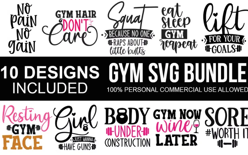 Collage of 10 Gym SVG design included in the bundle