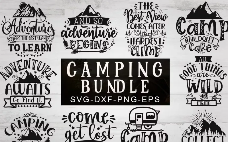 Collage of 12 Camping SVG design included in the bundle