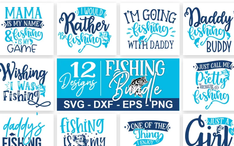 Collage of 12 Fishing SVG design included in the bundle
