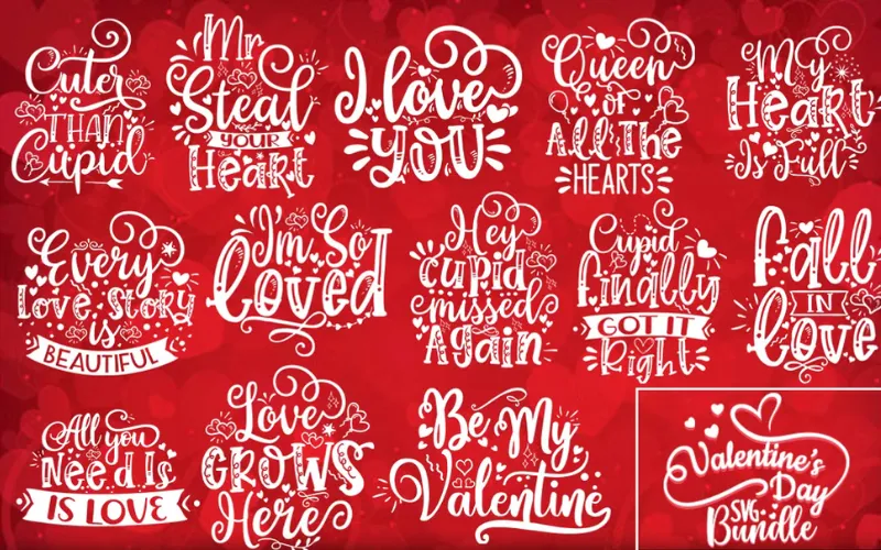 Collage of 13 Valentine SVG design included in the bundle