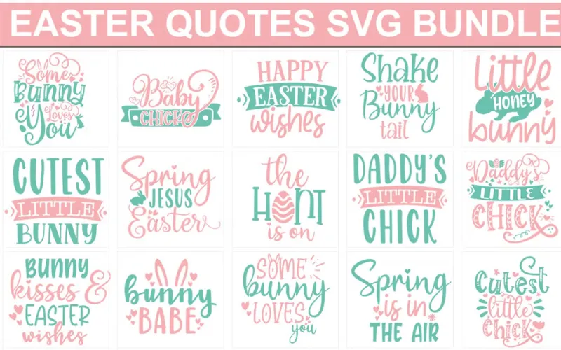 Collage of 15 Easter Quote SVG design included in the bundle