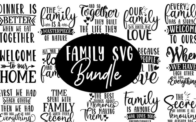 Collage of 16 Family SVG design included in the bundle