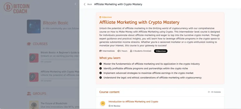 Affiliate Marketing With Crypto Mastery Course In MyCoachingSoftware