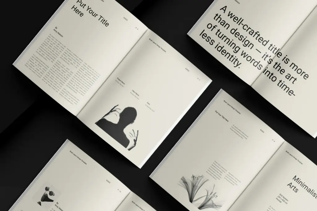 High-angle view of an open book layout template featuring minimalist typography and artistic photography.
