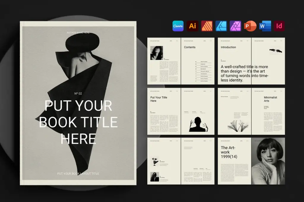 Overview of a complete book layout template showing the cover design and multiple internal book page templates.