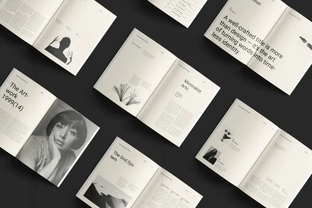 A collection of spreads from a book layout template scattered on a dark surface, showcasing various editorial designs.