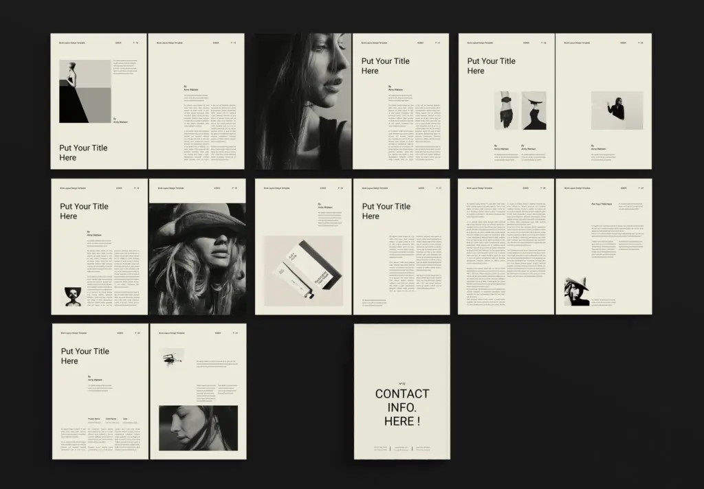 A grid display of diverse book page templates with different column structures and image placements.
