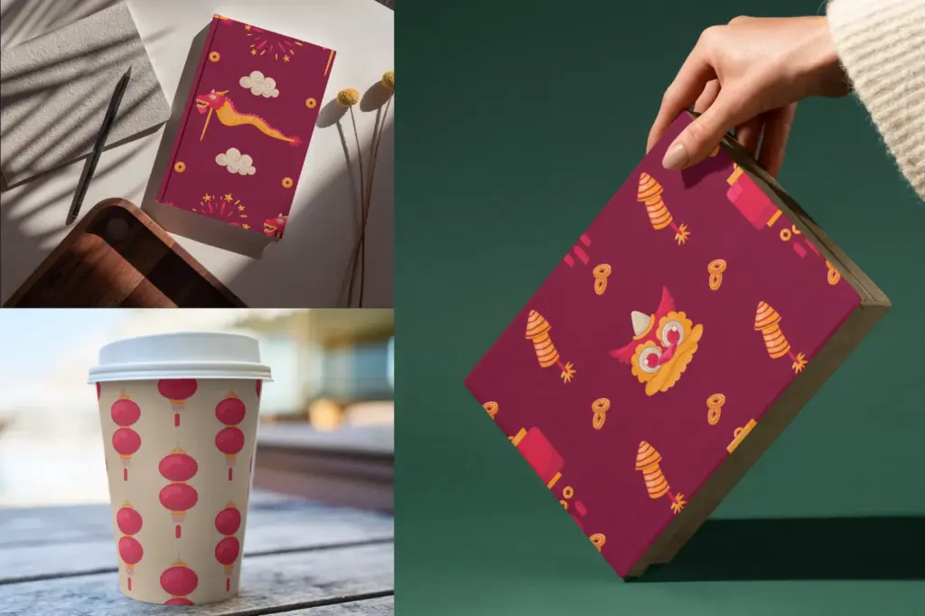 A book, coffee cup, and box featuring various chinese patterns with dragon and lantern motifs.