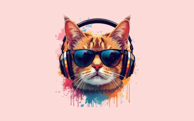 Orange cat design with headphones, sunglasses reflecting scenerydesigned using Cat T-shirt design prompts