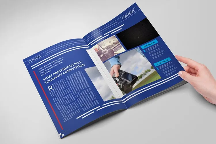 Modern blue-themed photography spread included in the Editorial Magazine Templates collection.
