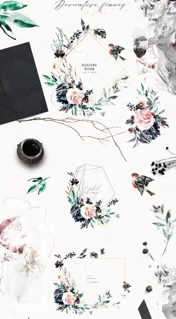 Whimsical watercolor illustrations bundle showcasing decorative watercolor frames.