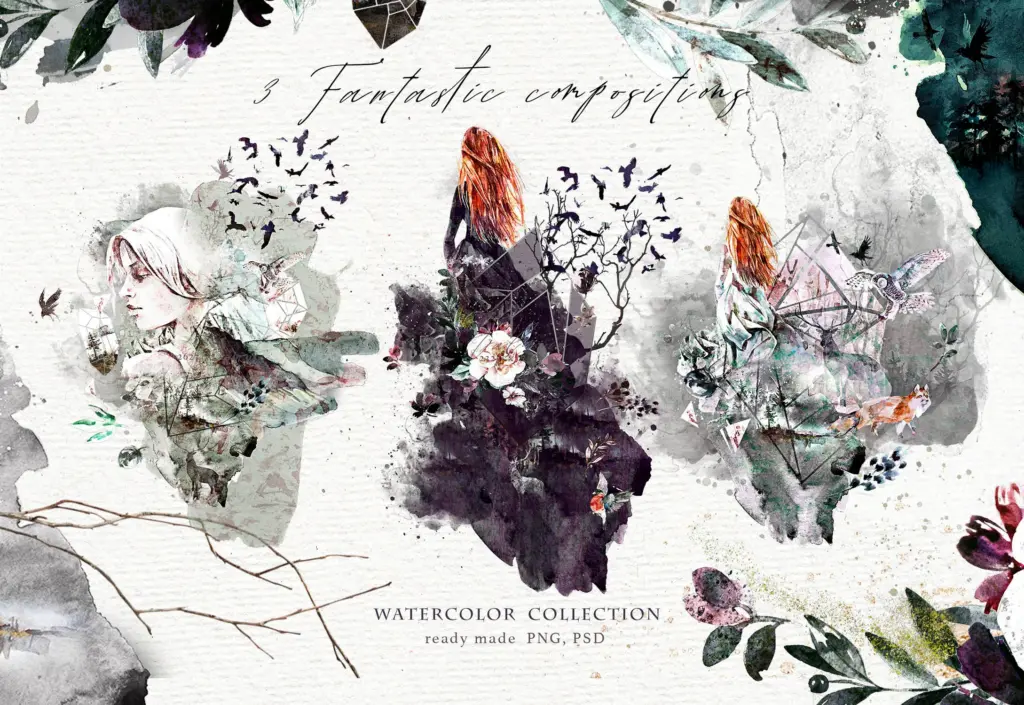 Whimsical watercolor illustrations bundle featuring artistic human‑nature compositions.