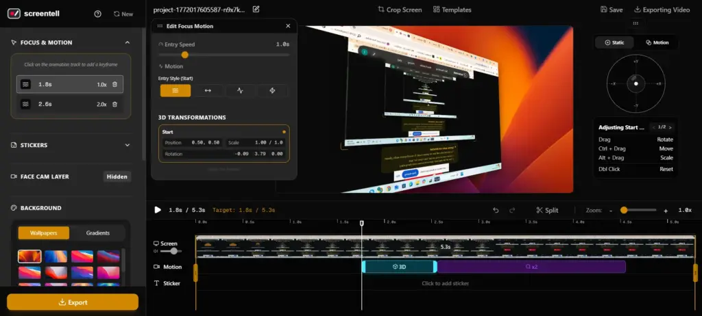 Focus & motion on specific keyframes using Screentell