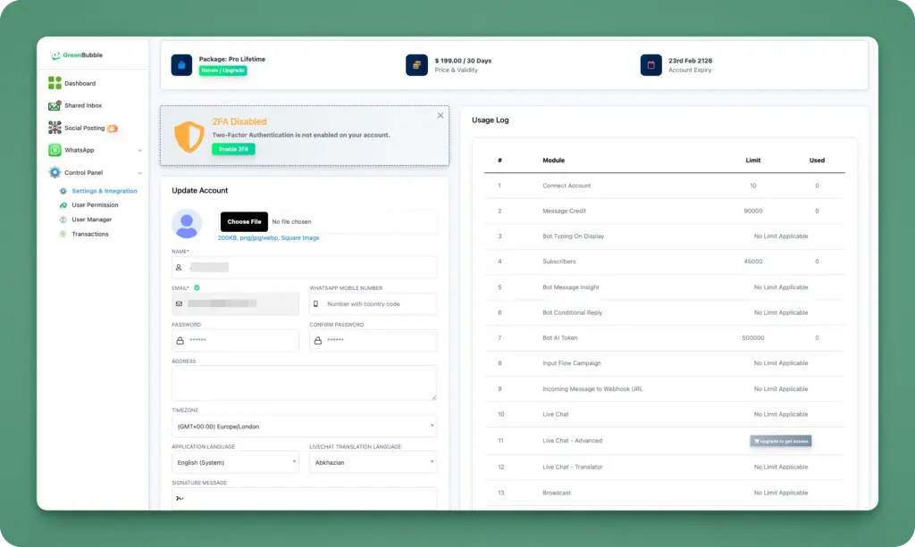 GreenBubble Settings Page