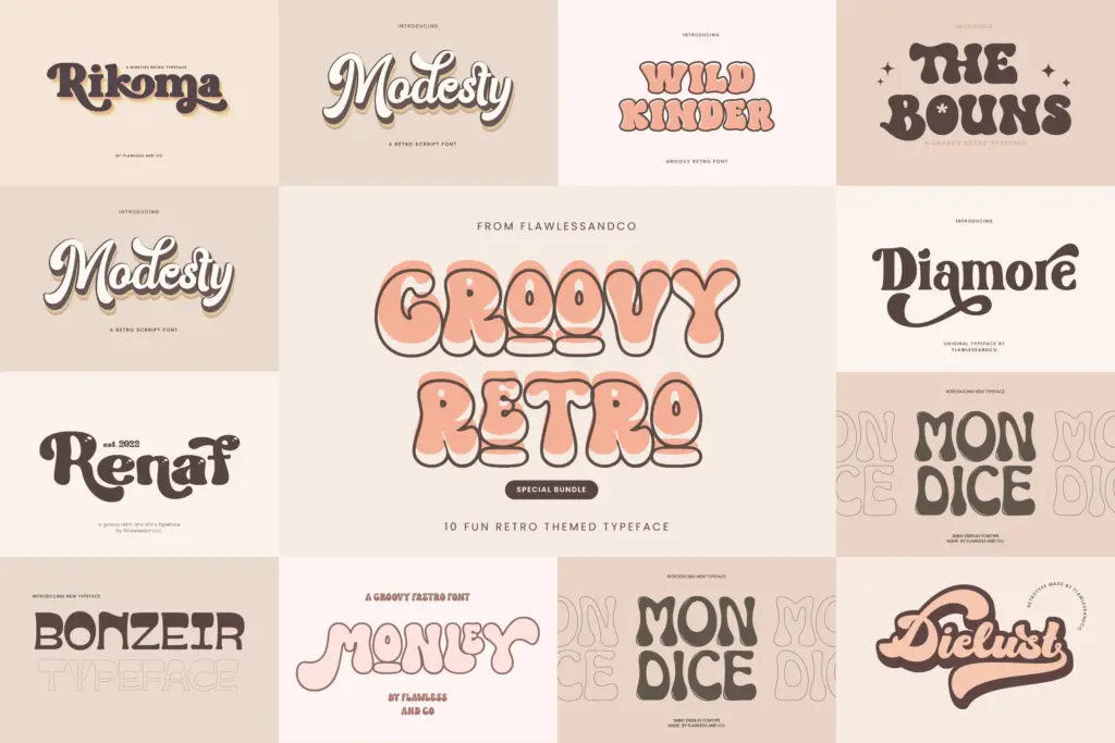 Collage of the groovy retro fonts included in the bundle.