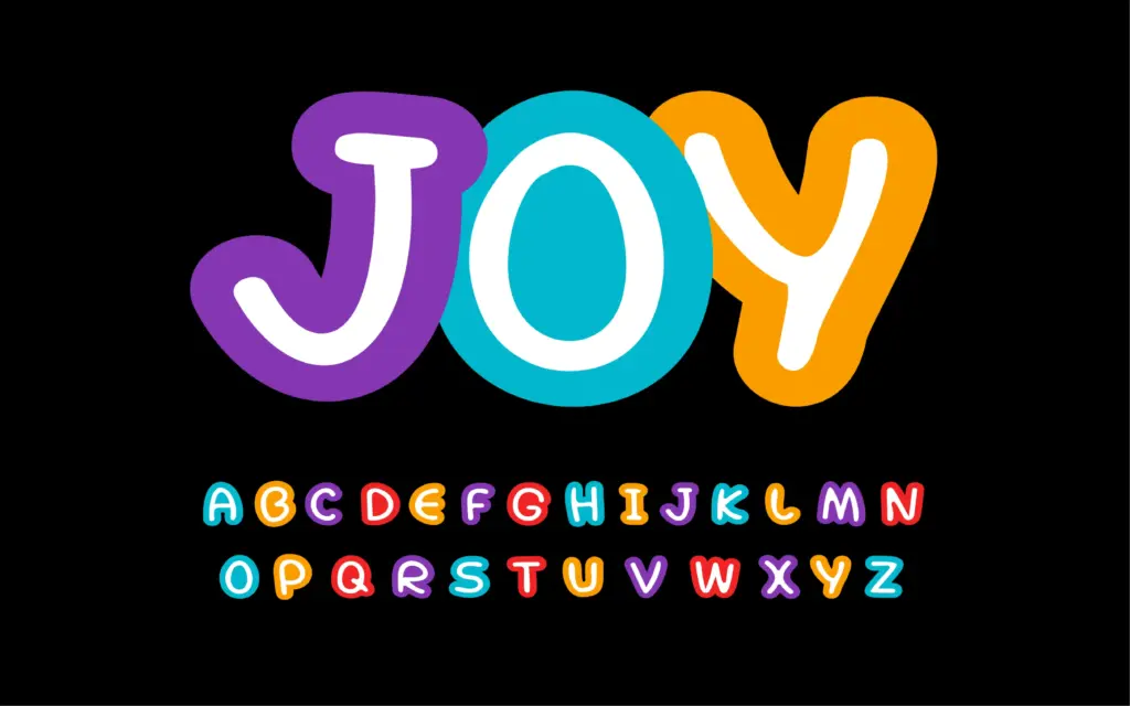 Textual display of "Joy font" included in the kids fonts bundle and the letters written using it.