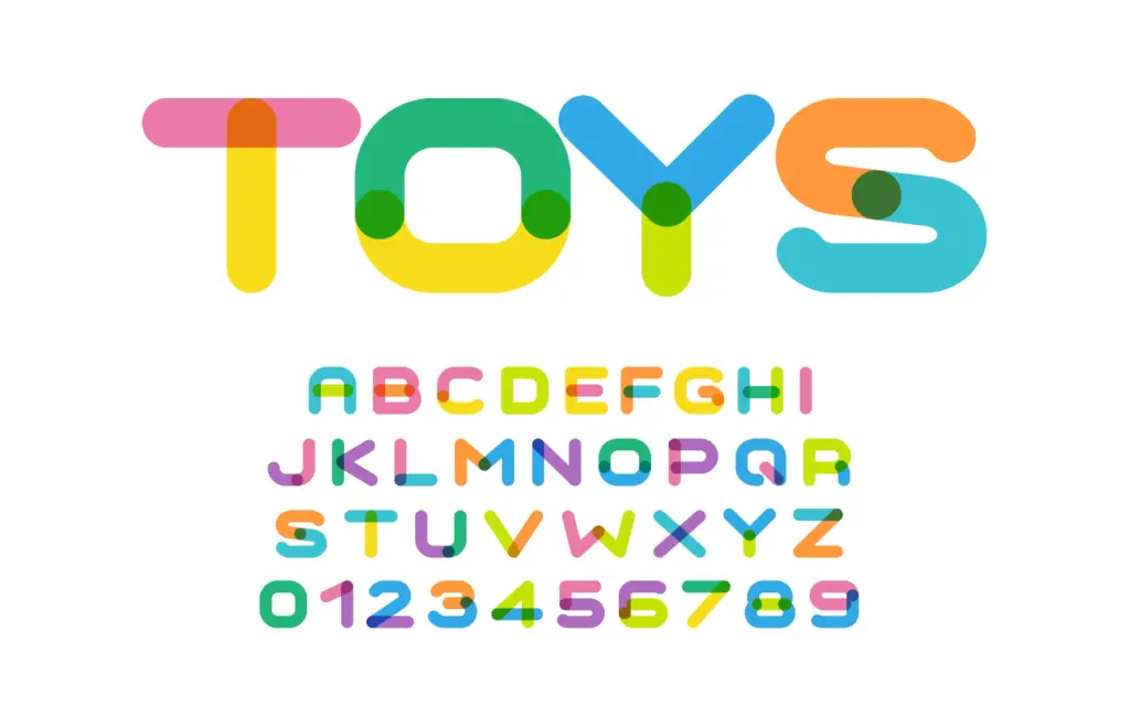 Textual display of "Kidstoys font" included in the kids fonts bundle and the letters written using it.