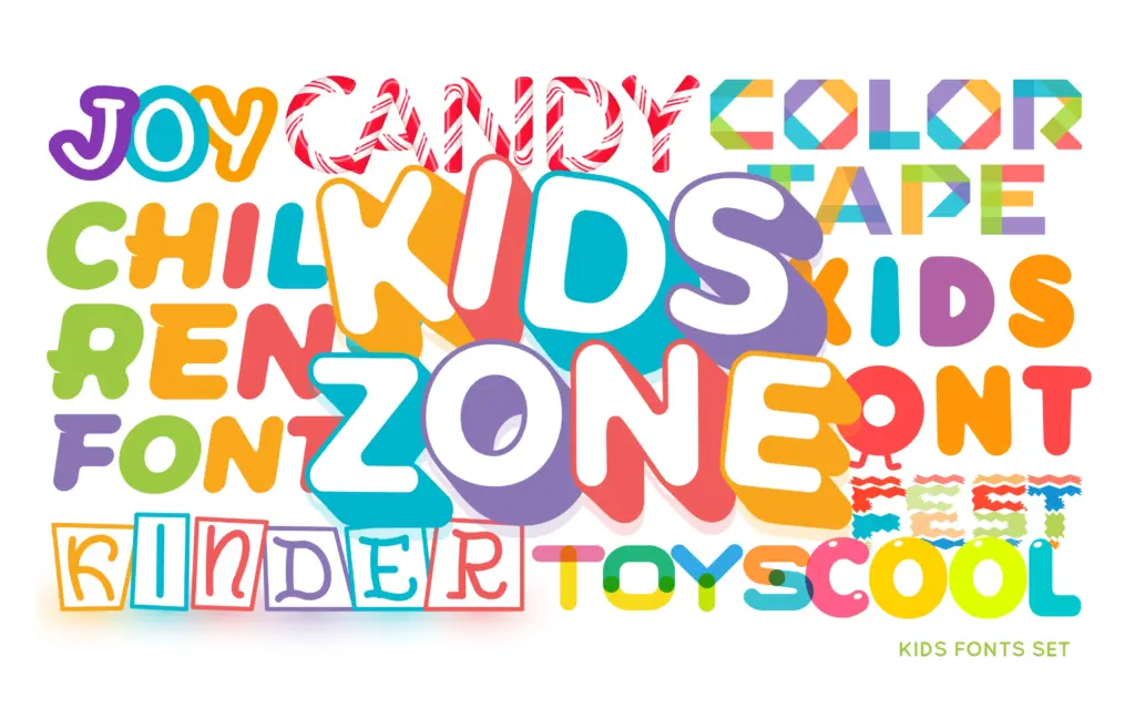 Textual display of "Kidszone font" included in the kids fonts bundle and the letters written using it.