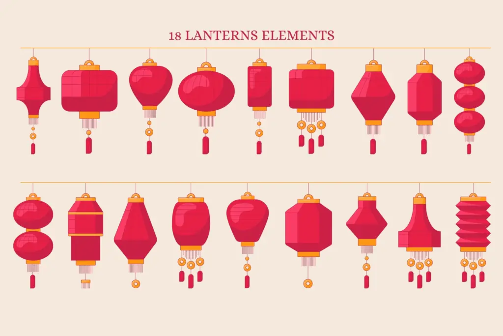 Collage of 18 red and gold lantern illustrations, included in the lunar new year graphics & patterns bundle.
