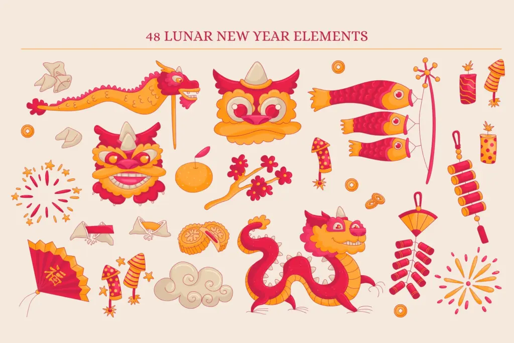 Collage of 48 lunar new year graphics including dragons, lion dance masks, firecrackers, and fortune cookies.