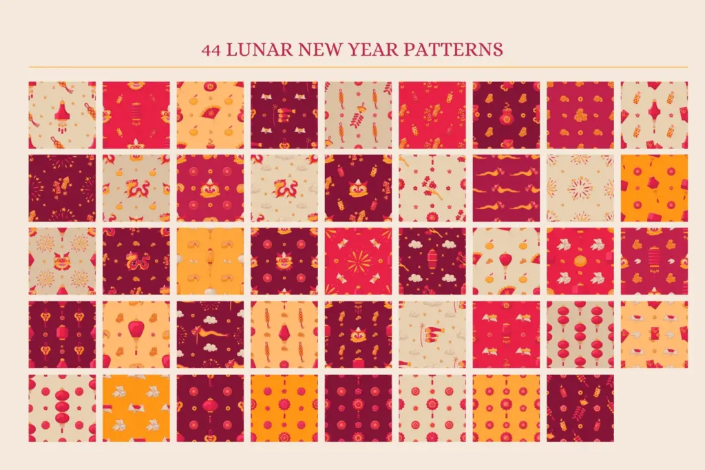 A grid display of 44 seamless lunar new year patterns in red, gold, and cream color palettes.