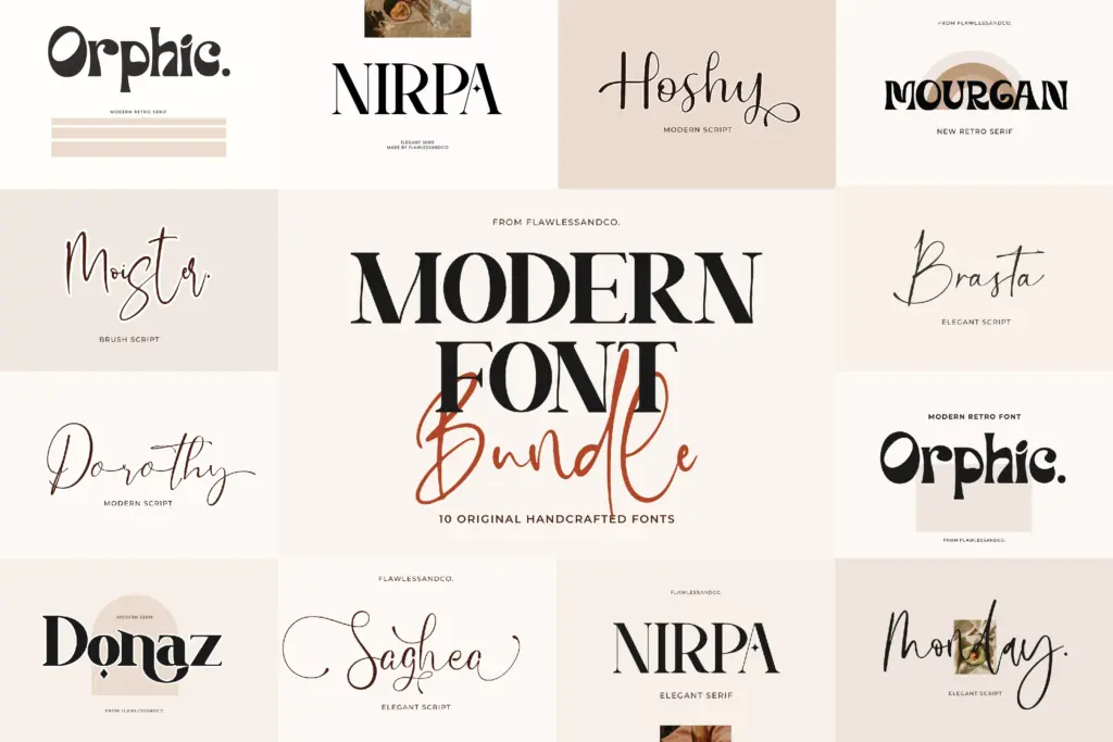 Collage of the modern fonts included in the bundle.