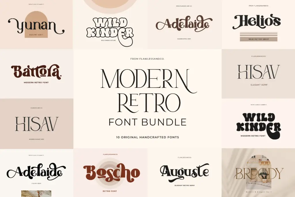 Collage of the modern retro fonts included in the bundle.